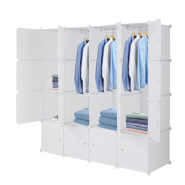 4-layer 16 Cube Organizer Stackable Plastic Cube Storage, Plastic + Steel Wire with 3 Clothes Rails, Free to Assemble, White view 3