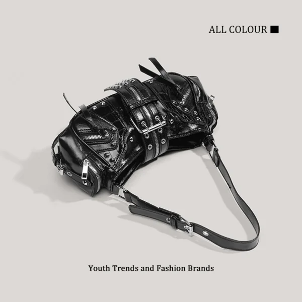 Retro motorcycle style cylindrical crossbody bag, shiny leather multi zipper rivet handbag, millennium Gothic street style daily party mini shoulder bag view 2
