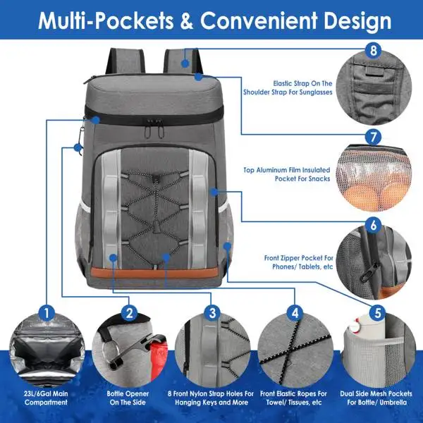 Cooler Backpack 36 Can Leakproof Insulated Cooler Backpack with 25L/6.6Gal for Picnic Camping Beach Hiking Fishing Travel view 5
