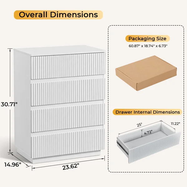 Handleless Grille-Finished 4-Drawer Bedside Table P2 Particleboard + MDF & Melamine Veneer + Thermoformed Drawer Dresser 23.62*14.96*30.71in White view 5