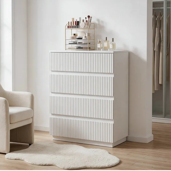 Handleless Grille-Finished 4-Drawer Bedside Table P2 Particleboard + MDF & Melamine Veneer + Thermoformed Drawer Dresser 23.62*14.96*30.71in White