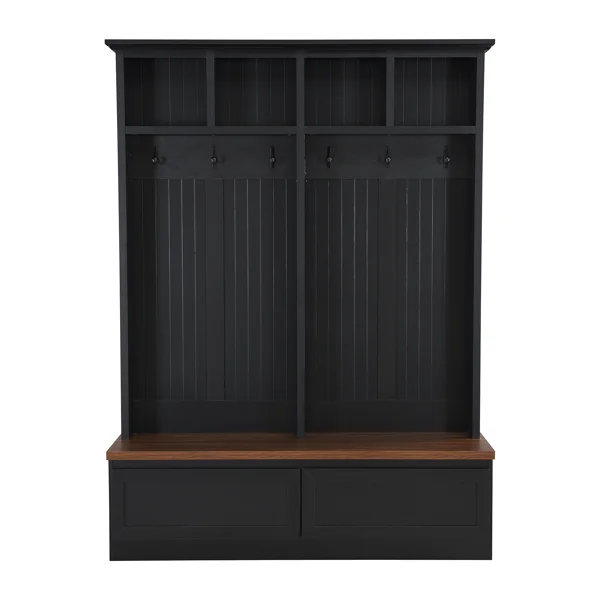 Farmhouse 4-in-1 Hall Tree with Wood Grain Bench, Mudroom Versatile Coat Rack with 2 Large Drawer, Entrance Organizer for Hallway, Living Room, Black, 55.9"W view 5