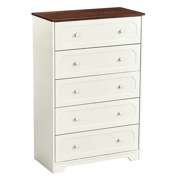 5-Drawer Cabinet with Solid Wood Veneer and Paint P2 MDF + P2 Particleboard Storage Cabinet 31.3*15.55*47.24in Dark brown Ceiling Panels + Light Brown Cabinets view 3