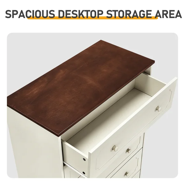 5-Drawer Cabinet with Solid Wood Veneer and Paint P2 MDF + P2 Particleboard Storage Cabinet 31.3*15.55*47.24in Dark brown Ceiling Panels + Light Brown Cabinets view 6