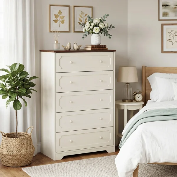 5-Drawer Cabinet with Solid Wood Veneer and Paint P2 MDF + P2 Particleboard Storage Cabinet 31.3*15.55*47.24in Dark brown Ceiling Panels + Light Brown Cabinets