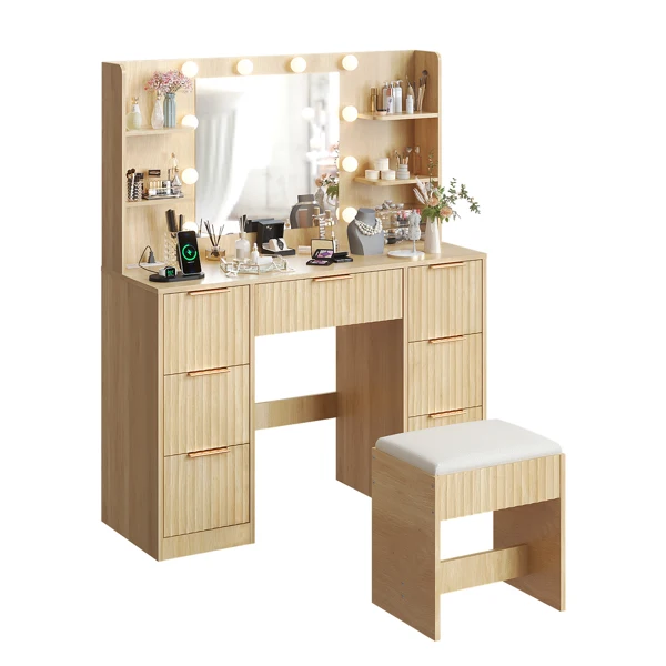 Oak-colored particleboard with a 7-drawer, 4-shelf dressing table set with 10 three-tone light bulbs, power strip, and grille. view 3