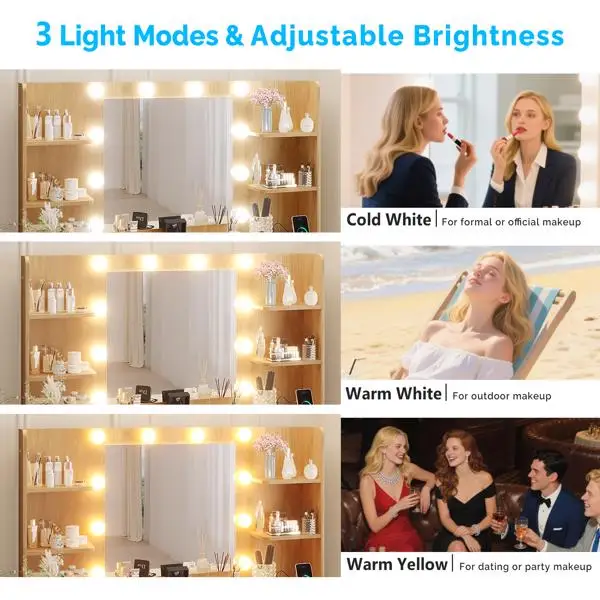 Oak-colored particleboard with a 7-drawer, 4-shelf dressing table set with 10 three-tone light bulbs, power strip, and grille. view 4