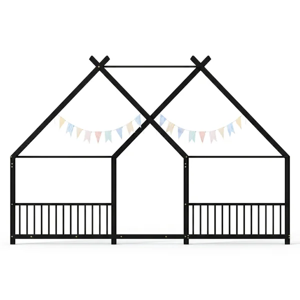 Full Size Metal House Bed Frame, Montessori Floor Bed with Safety Side Guard Rails, No Box Spring Needed, House-Shaped Platform Bed for Kids Toddlers Boys Girls, Black