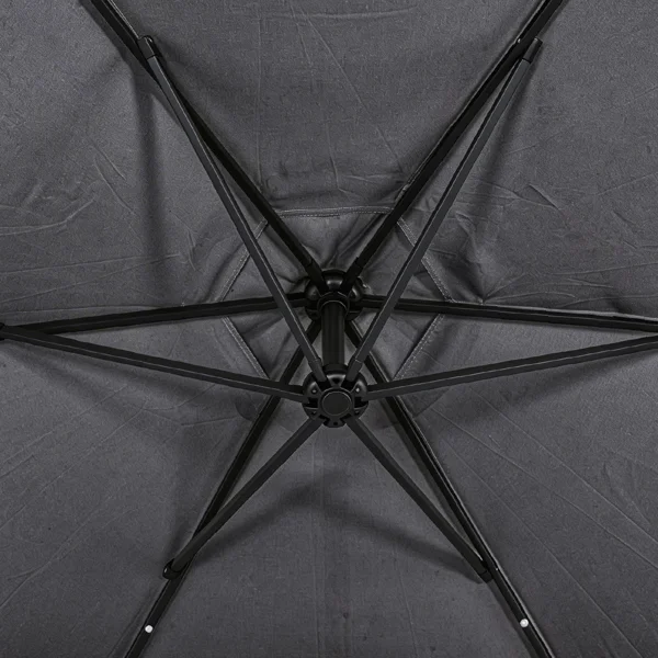 10FT Round Banana Hanging Patio Umbrella with 18 LED Lights, 6 Iron Ribs, Iron Straight & Curved Pole, Waterproof Polyester Canopy, with Stand Sleeve and Cross Base, Gray view 6