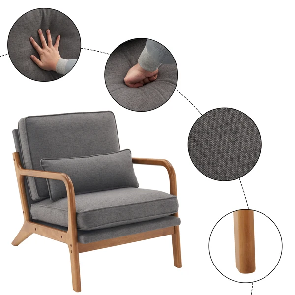 [Same Code:33734058]Oak Armrest Oak Upholstered Single Lounge Chair Indoor Lounge Chair Dark Grey view 2