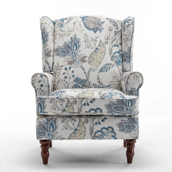 Modern Accent Chair with Retro Wood Legs, Comfy Upholstered Armchair, Floral Design Single Sofa Chair for Living Room Bedroom Office - Floral Blue view 3