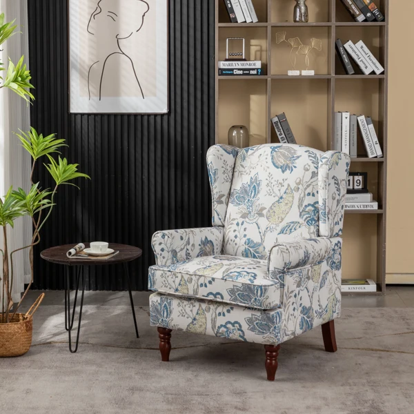 Modern Accent Chair with Retro Wood Legs, Comfy Upholstered Armchair, Floral Design Single Sofa Chair for Living Room Bedroom Office - Floral Blue view 6