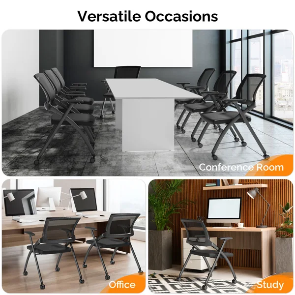 2 Pack Stackable Conference Room Chairs with Wheels, Folding Office Chair with Rebound Back, Padded Seat for Training Room, Guest, Reception, Event, Capacity 350lbs, Black view 6