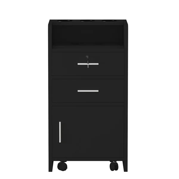 Salon Wood Rolling Drawer Cabinet Trolley Spa 3-layer Cabinet Equipment with A Lock Black view 2