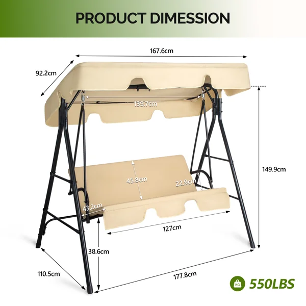 68*43*60 inch Khaki KD Model with Cushion Canopy Iron Oxford Fabric 250kg Iron Swing Set view 2
