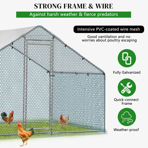 2*2*2m/6.5x6.5x6.5ft Silver Chicken Coop with Pointed Roof, 180g PE Rain Cloth, Metal Chicken and Rabbit Cage view 4