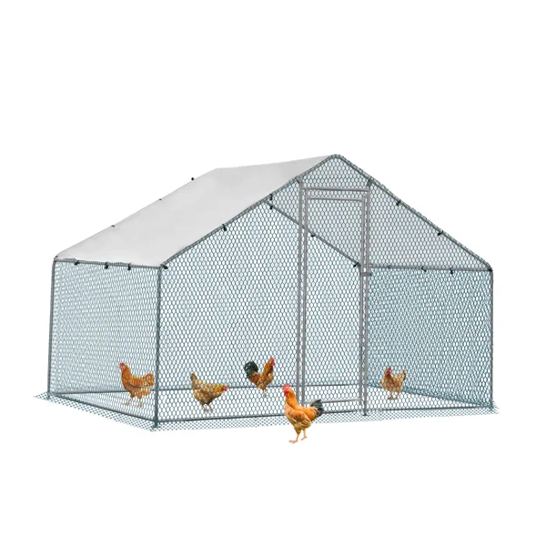 2*2*2m/6.5x6.5x6.5ft Silver Chicken Coop with Pointed Roof, 180g PE Rain Cloth, Metal Chicken and Rabbit Cage