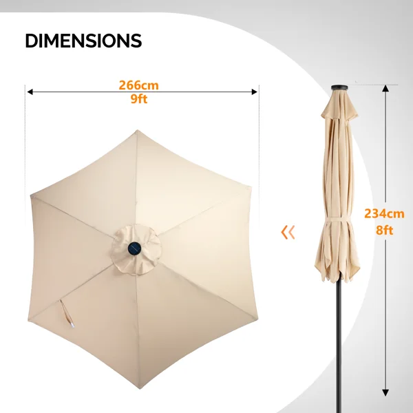 9ft Solar Patio Umbrella with LED Lights, Outdoor Market Table Umbrella with Push Button Tilt & Crank, 6 Ribs Waterproof Polyester Deck Umbrella for Garden, Backyard, Pool, Beige view 2