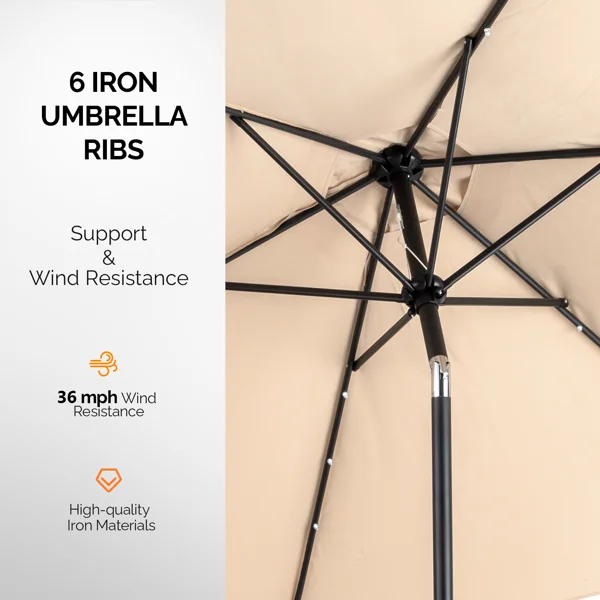 9ft Solar Patio Umbrella with LED Lights, Outdoor Market Table Umbrella with Push Button Tilt & Crank, 6 Ribs Waterproof Polyester Deck Umbrella for Garden, Backyard, Pool, Beige view 3