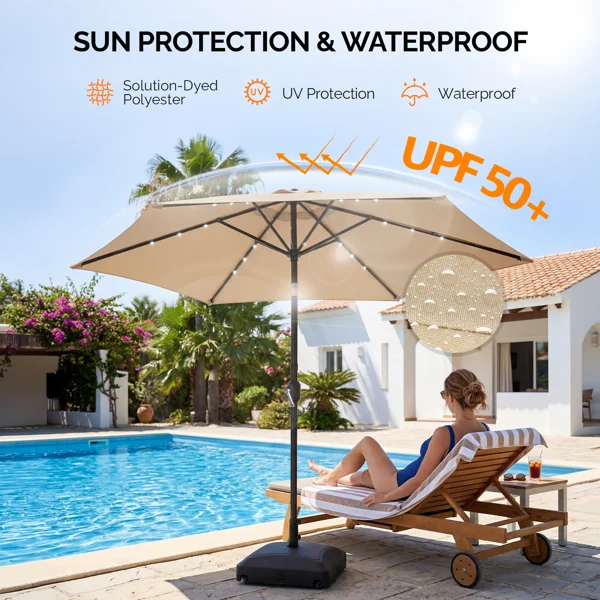 9ft Solar Patio Umbrella with LED Lights, Outdoor Market Table Umbrella with Push Button Tilt & Crank, 6 Ribs Waterproof Polyester Deck Umbrella for Garden, Backyard, Pool, Beige view 4