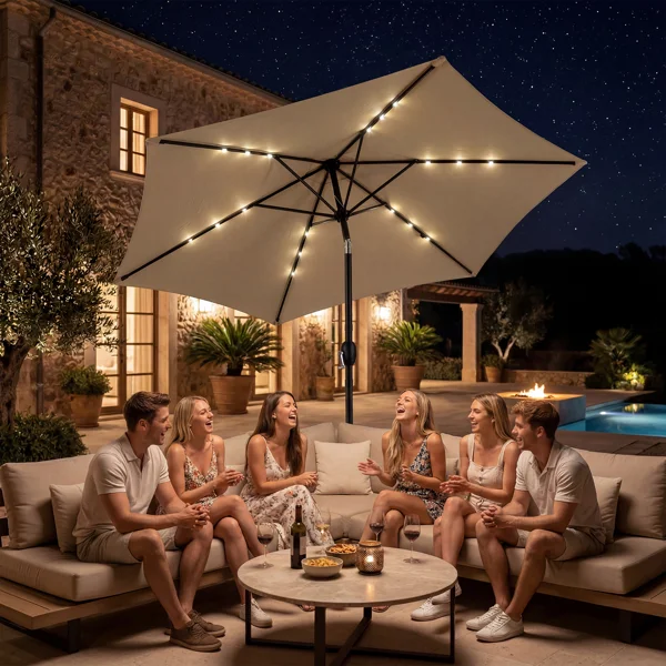9ft Solar Patio Umbrella with LED Lights, Outdoor Market Table Umbrella with Push Button Tilt & Crank, 6 Ribs Waterproof Polyester Deck Umbrella for Garden, Backyard, Pool, Beige view 5