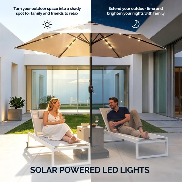 9ft Solar Patio Umbrella with LED Lights, Outdoor Market Table Umbrella with Push Button Tilt & Crank, 6 Ribs Waterproof Polyester Deck Umbrella for Garden, Backyard, Pool, Beige view 6