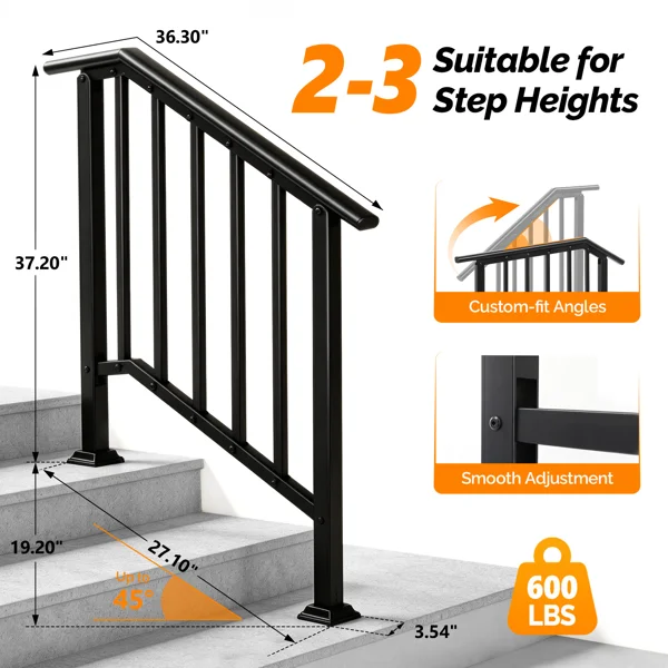Handrails for Outdoor Steps Fits 2 to 3 Steps view 4