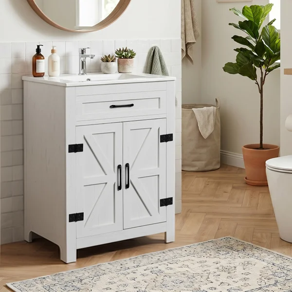 Washed white particleboard with melamine veneer, barn double door with U-shaped internal shelves, washbasin cabinet, 61*47*85cm (24 inches) view 5