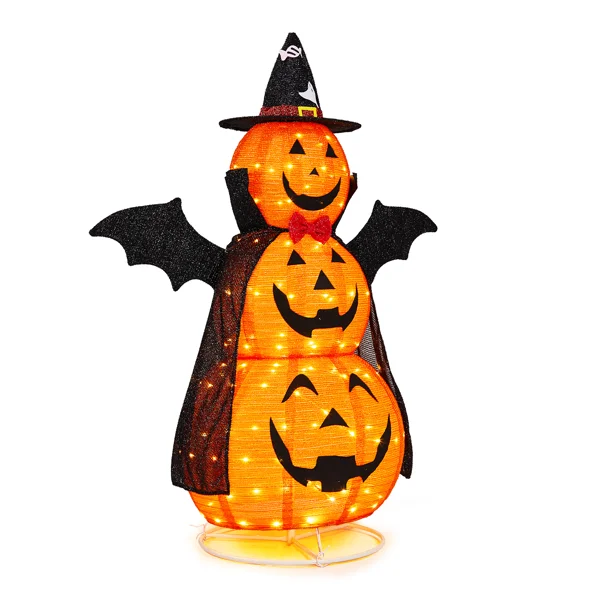 5ft Orange 3-Tier Retractable Fabric Pumpkin Halloween Light Decor with Cape & Wings, 130 Warm White LED String Lights, 4.5V 3.6W view 3