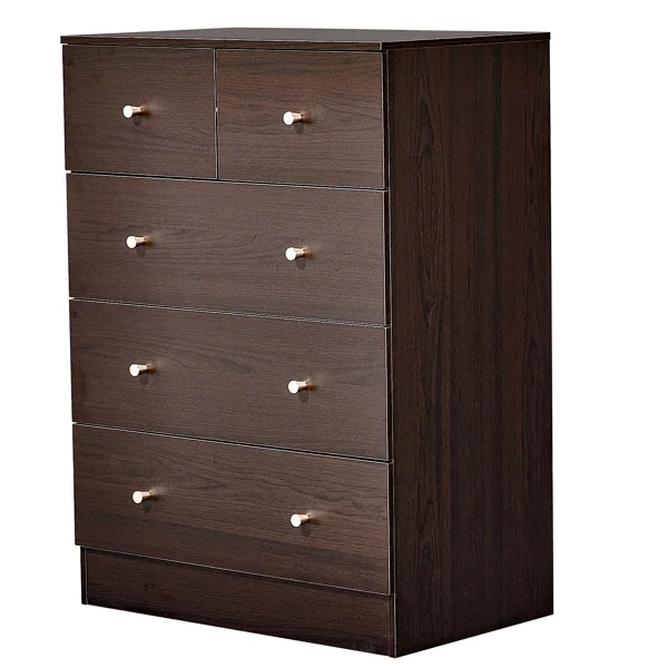 Brown particleboard with melamine laminate finish, 66*40*91cm, 3+2 drawers, chest of drawers with matte gold handles view 2