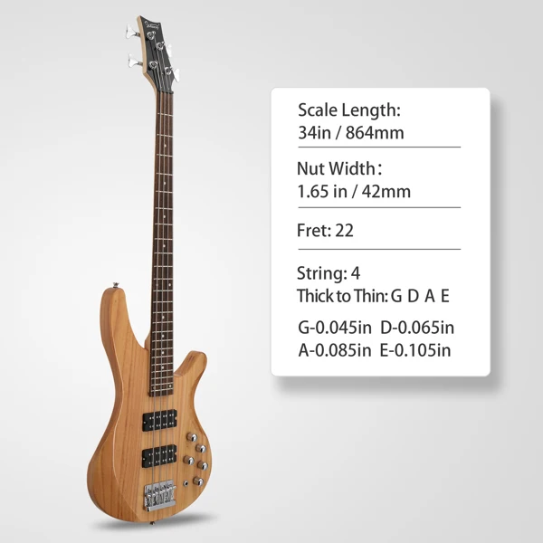 44 Inch GIB 4 String H-H Pickup Laurel Wood Fingerboard Electric Bass Guitar with Bag and other Accessories Burlywood view 6