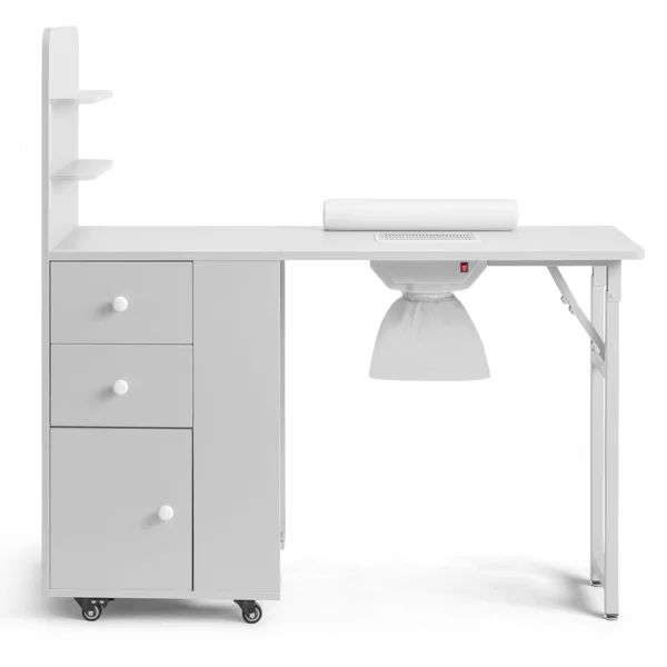 White MDF Folding Nail Desk with 2 Drawers, Cabinet Door & Storage Shelf view 3