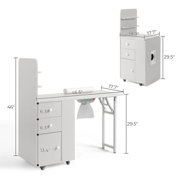 White MDF Folding Nail Desk with 2 Drawers, Cabinet Door & Storage Shelf view 4