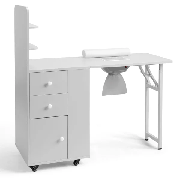 White MDF Folding Nail Desk with 2 Drawers, Cabinet Door & Storage Shelf