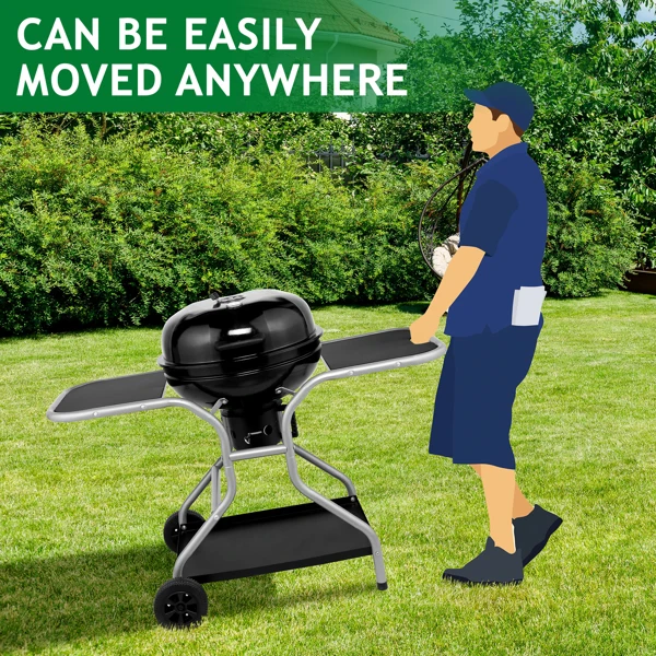 Kettle Charcoal Grill with 2 Side Tables, Storage Shelf, Upgraded Ash Catcher, Thermometer, Air Vents, Outdoor Cooking Barbecue Grill with Wheels view 2