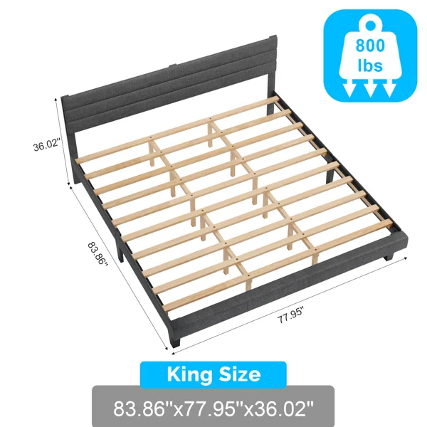 Dark Gray King Size Tufted Platform Bed Frame - Linen-Like Upholstery with Horizontal Stripe Headboard, Soft Padded Design view 2