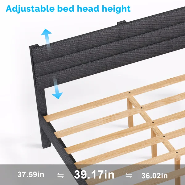 Dark Gray King Size Tufted Platform Bed Frame - Linen-Like Upholstery with Horizontal Stripe Headboard, Soft Padded Design view 5