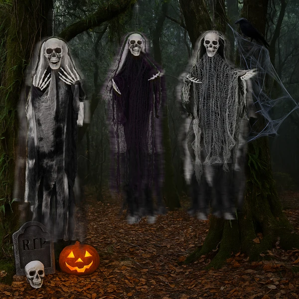 3 Pack Hanging Halloween Skeleton Ghosts Decorations, Grim Reapers for Best Halloween Outdoor Decorations view 3