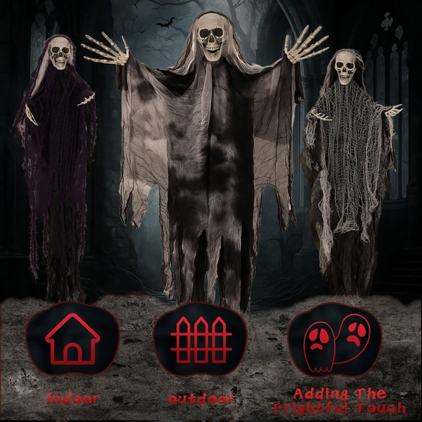 3 Pack Hanging Halloween Skeleton Ghosts Decorations, Grim Reapers for Best Halloween Outdoor Decorations view 5