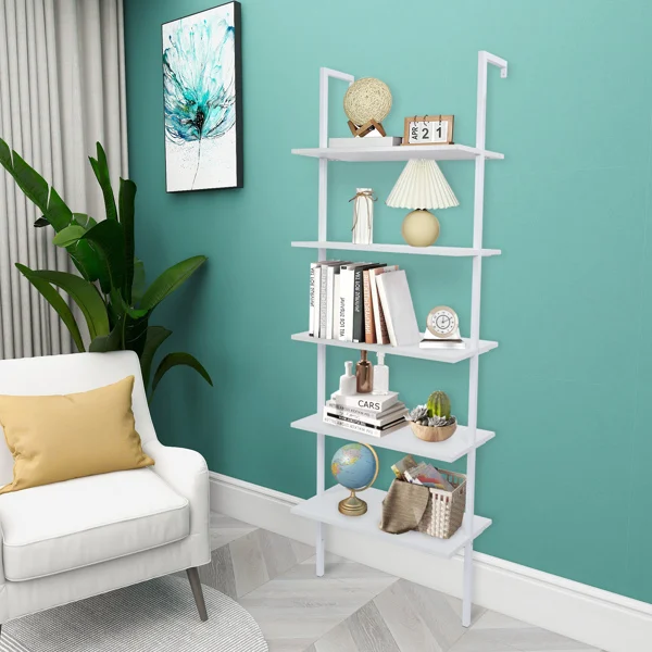 5-Shelf Wood Ladder Bookcase with Metal Frame, Industrial 5-Tier Modern Ladder Shelf Wood Shelves,White view 2