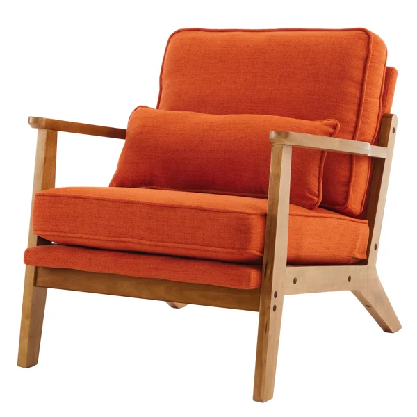 Mid-Century Modern Accent Chair with Wooden Frame - Oak Armrest, Linen-Cotton Burnt Orange Upholstery, Single Seater Lounge Chair for Living Room (Weight Capacity 330LBS) view 5