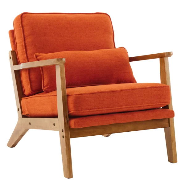 Mid-Century Modern Accent Chair with Wooden Frame - Oak Armrest, Linen-Cotton Burnt Orange Upholstery, Single Seater Lounge Chair for Living Room (Weight Capacity 330LBS)