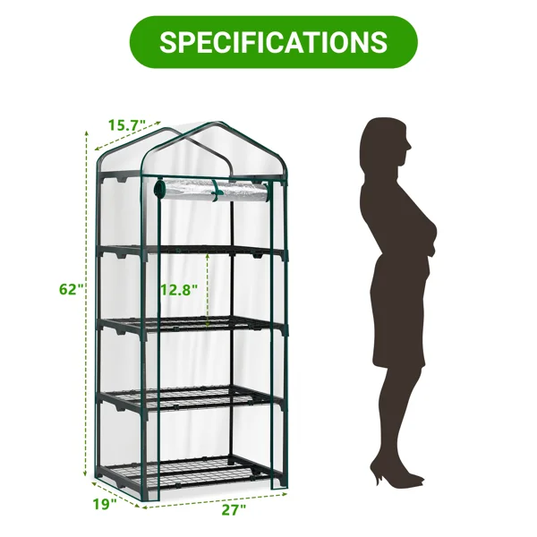 4 Tier Mini Greenhouse with PVC Cover & Roll-Up Zipper Door, Portable Waterproof Greenhouse for Garden Backyard, 27" x 19" x 62", Transparent view 3