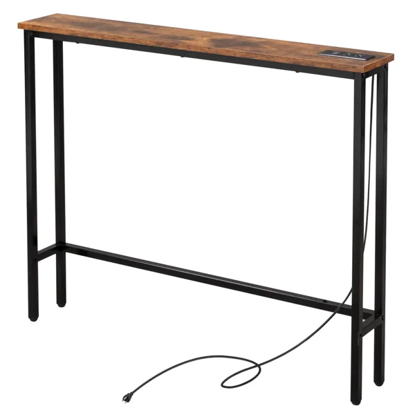 39.4" Narrow Console Sofa Table with Power Outlets and USB Ports, Skinny Couch Table with Metal Frame and Charge Station with 4.9ft Extension Cord, Rustic Brown view 2