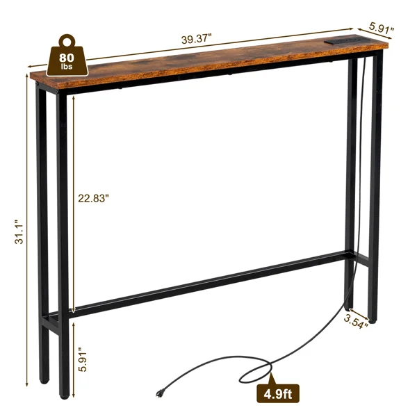 39.4" Narrow Console Sofa Table with Power Outlets and USB Ports, Skinny Couch Table with Metal Frame and Charge Station with 4.9ft Extension Cord, Rustic Brown view 4