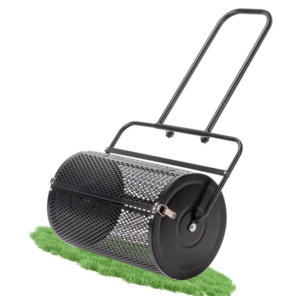 24 inch Compost Spreader for Lawn, Garden Peat Moss Roller with Double Side Latches, Powder Coated Steel Mesh Basket for Topdressing & Seedling, Black view 3