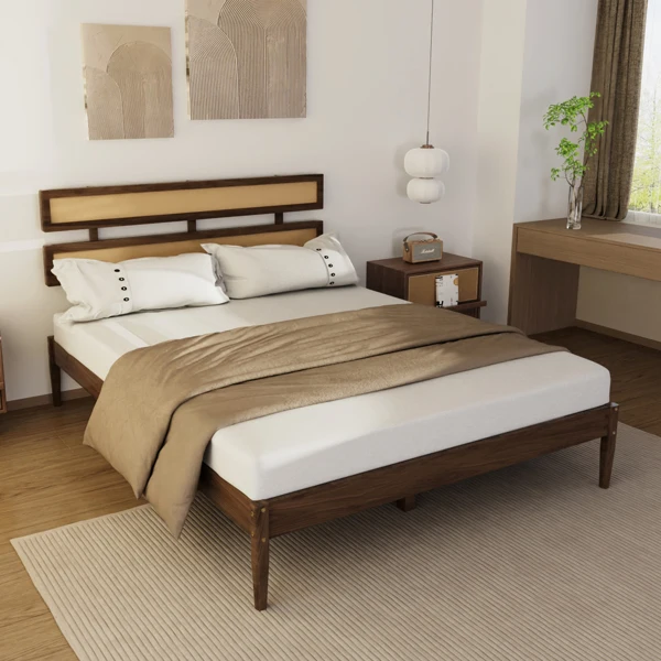 Double rattan woven headboard, Bohemian style, painted finish, pine wood, dark walnut color, Queen size wooden bed view 3