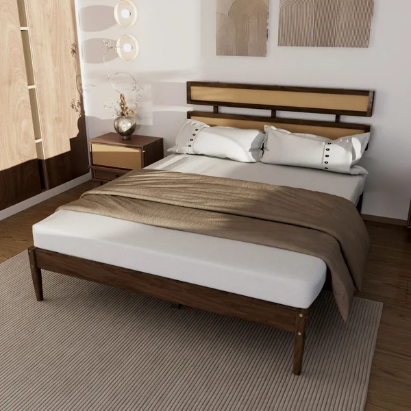 Double rattan woven headboard, Bohemian style, painted finish, pine wood, dark walnut color, Queen size wooden bed view 4