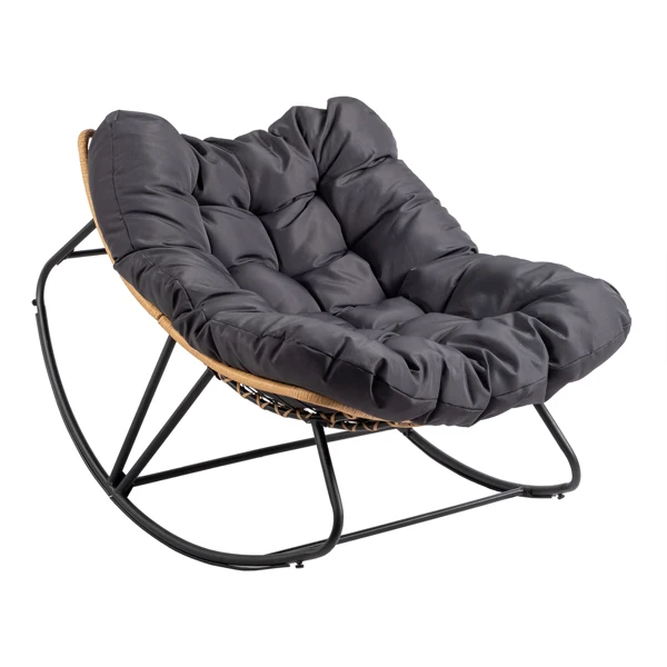 Oversized Rattan Papasan Chair, Outdoor Steel Wicker Rocking Seating with Thick Padded Cushion for Patio, Living Room, Backyard, Porch (Yellow Wicker & Gray Cushion) view 3