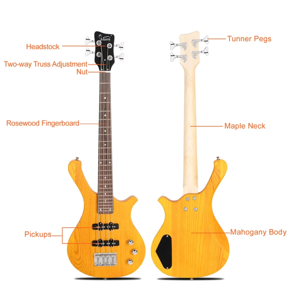 [Do Not Sell on Amazon GW101 36in Small Scale Electric Bass Guitar Suit With Mahogany Body SS Pickups, Guitar Bag, Strap, Cable Transparent Yellow view 4